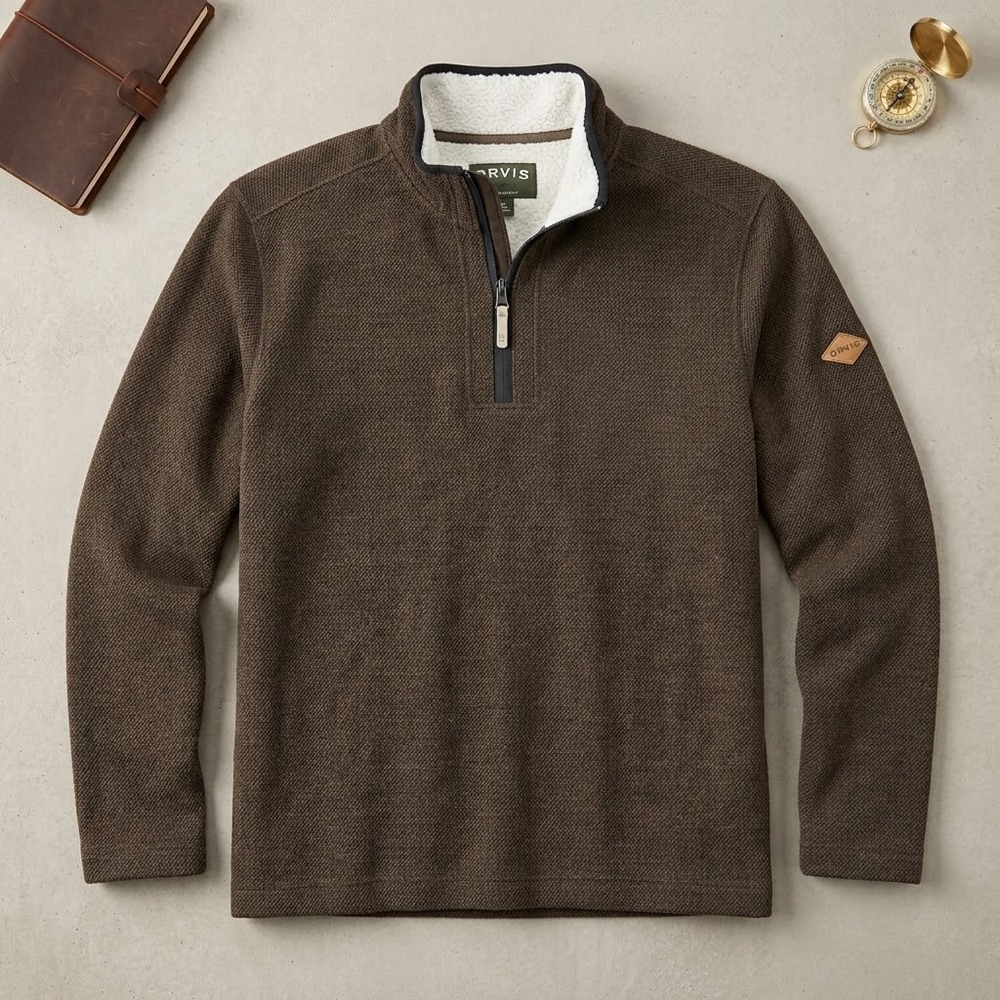Orvis Mens Quater Zip Pullover Sherpa Lined Sweater Sweatshirt 2XL Brown EUC